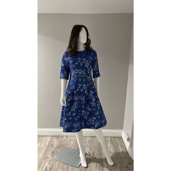 Teri Jon Blue Jacquard Floral Print Box Pleat Dress Size 2 NWT - Picture 8 of 11
